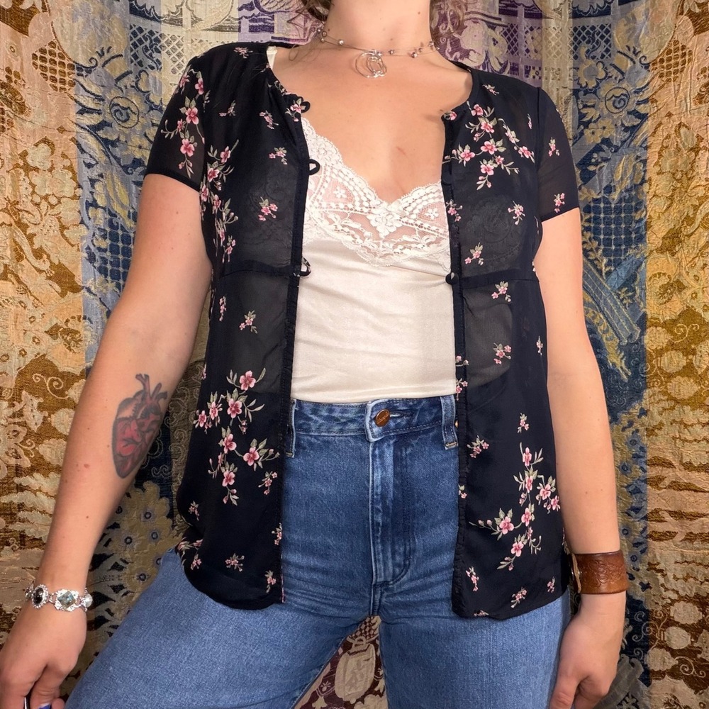 90s/Y2K Semi Sheer Floral Babydoll Open Front Top Size S Romantic Whimsy